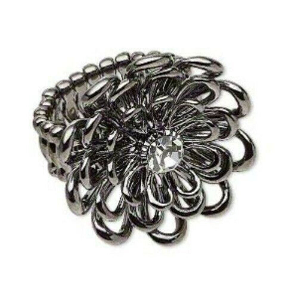 Edgy Gunmetal Black and Clear Crystal Big Flower Stretch Statement Cocktail Ring